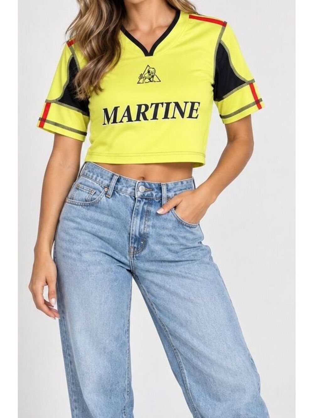 Shein Martine Yellow Crop Top with Black and Red Accents, Size Small